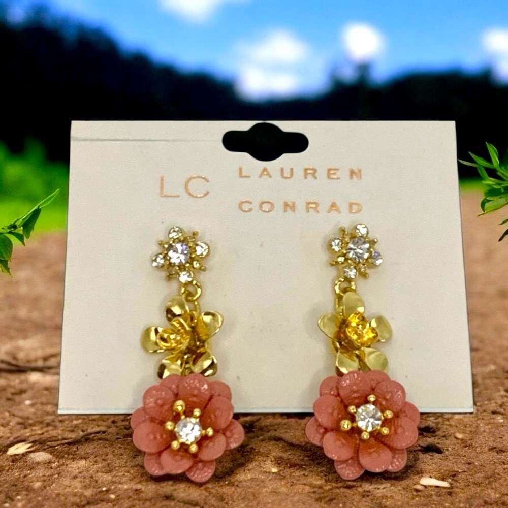 LC Lauren Conrad Gold Plated Pink Flower & Cubic Zirconia Stud Dangle Earrings - Picture 2 of 4